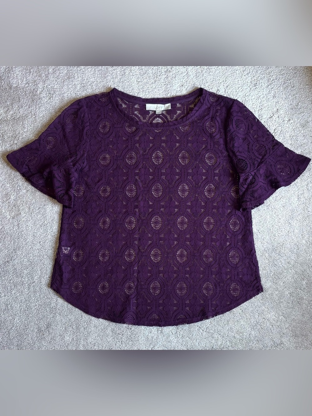 LOFT Purple Lace Bell Sleeve Blouse — Size S